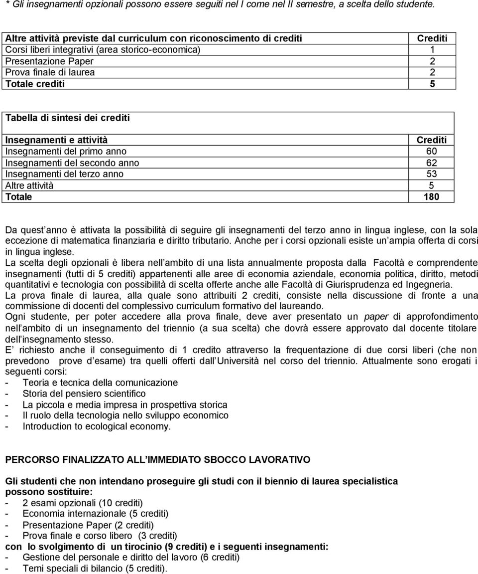 di sintesi dei crediti Insegnamenti e attività Crediti Insegnamenti del primo anno 60 Insegnamenti del secondo anno 62 Insegnamenti del terzo anno 3 Altre attività Totale 180 Da quest anno è attivata