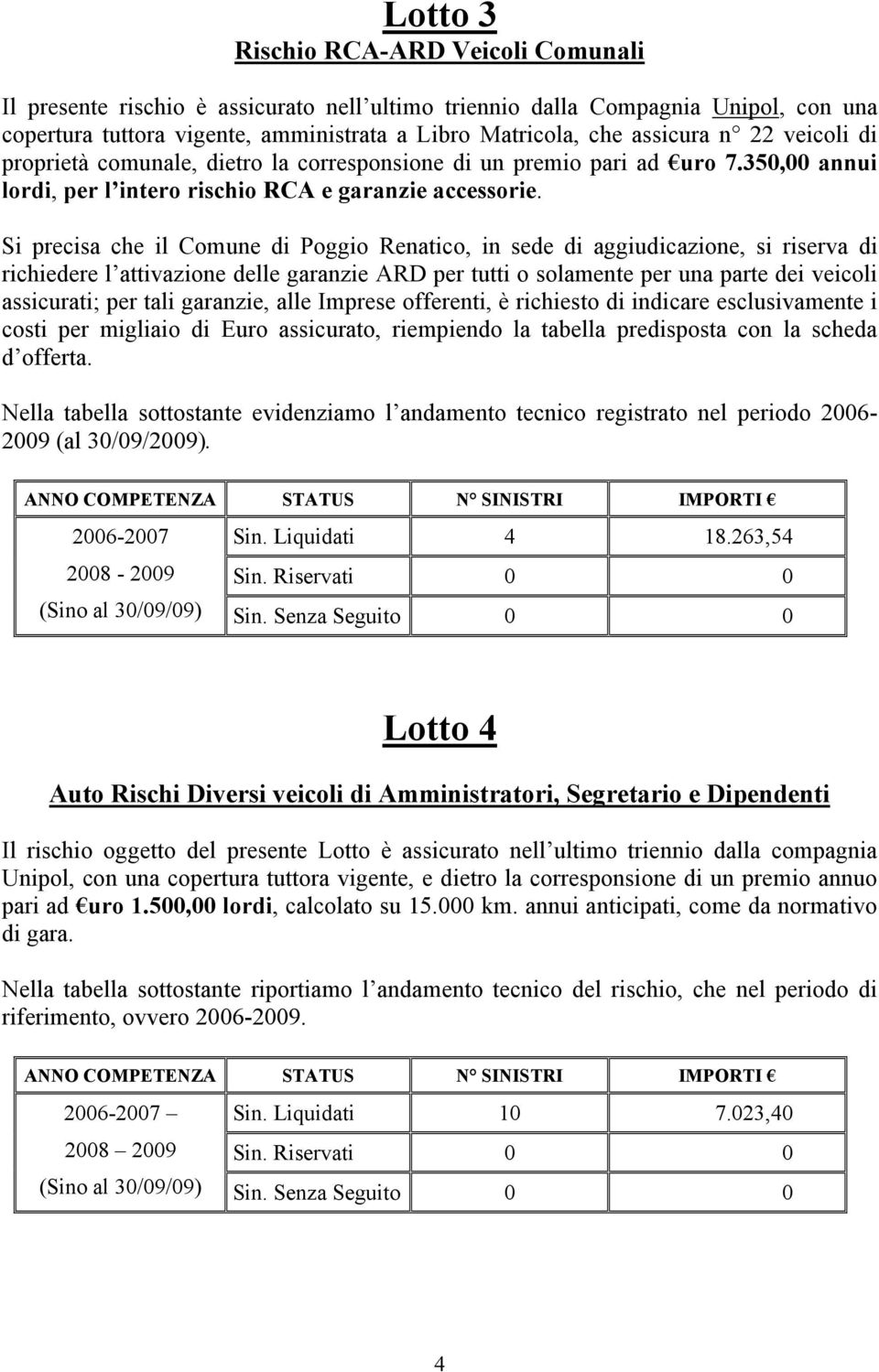 Si precisa che il Comune di Poggio Renatico, in sede di aggiudicazione, si riserva di richiedere l attivazione delle garanzie ARD per tutti o solamente per una parte dei veicoli assicurati; per tali