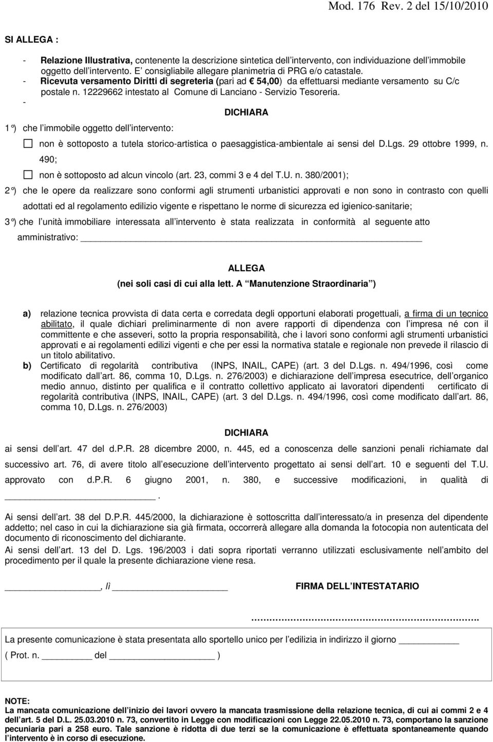 12229662 intestato al Comune di Lanciano - Servizio Tesoreria.