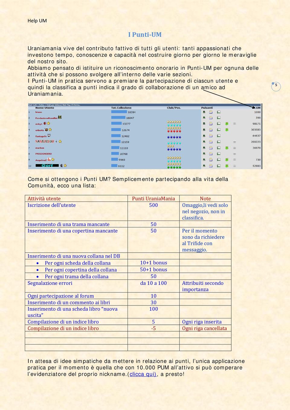 I Punti-UM in pratica servono a premiare la partecipazione di ciascun utente e quindi la classifica a punti indica il grado di collaborazione di un amico ad Uraniamania.