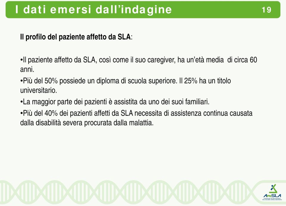 Il 25% ha un titolo universitario. La maggior parte dei pazienti è assistita da uno dei suoi familiari.