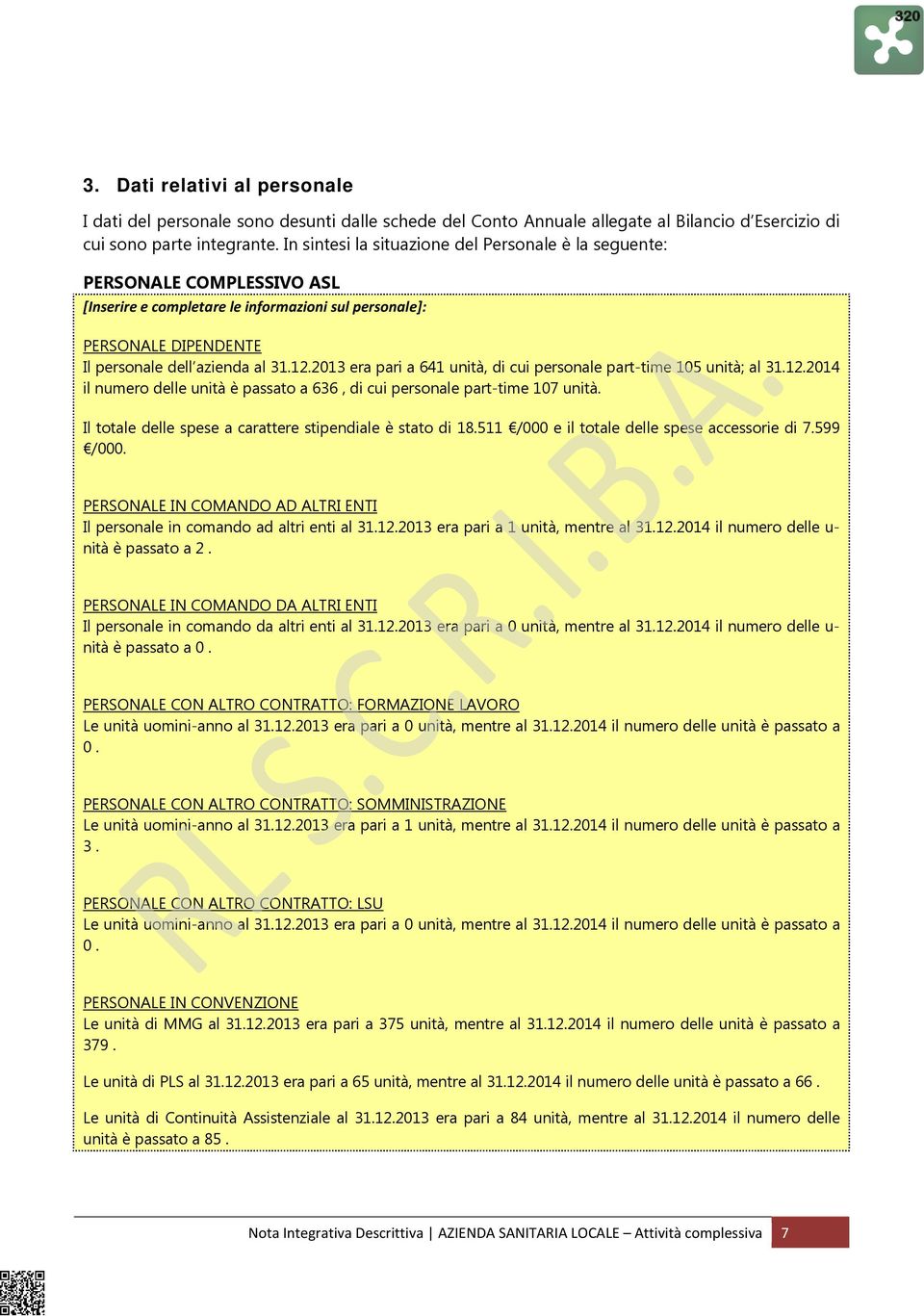 2013 era pari a 641 unità, di cui personale part-time 105 unità; al 31.12.2014 il numero delle unità è passato a 636, di cui personale part-time 107 unità.