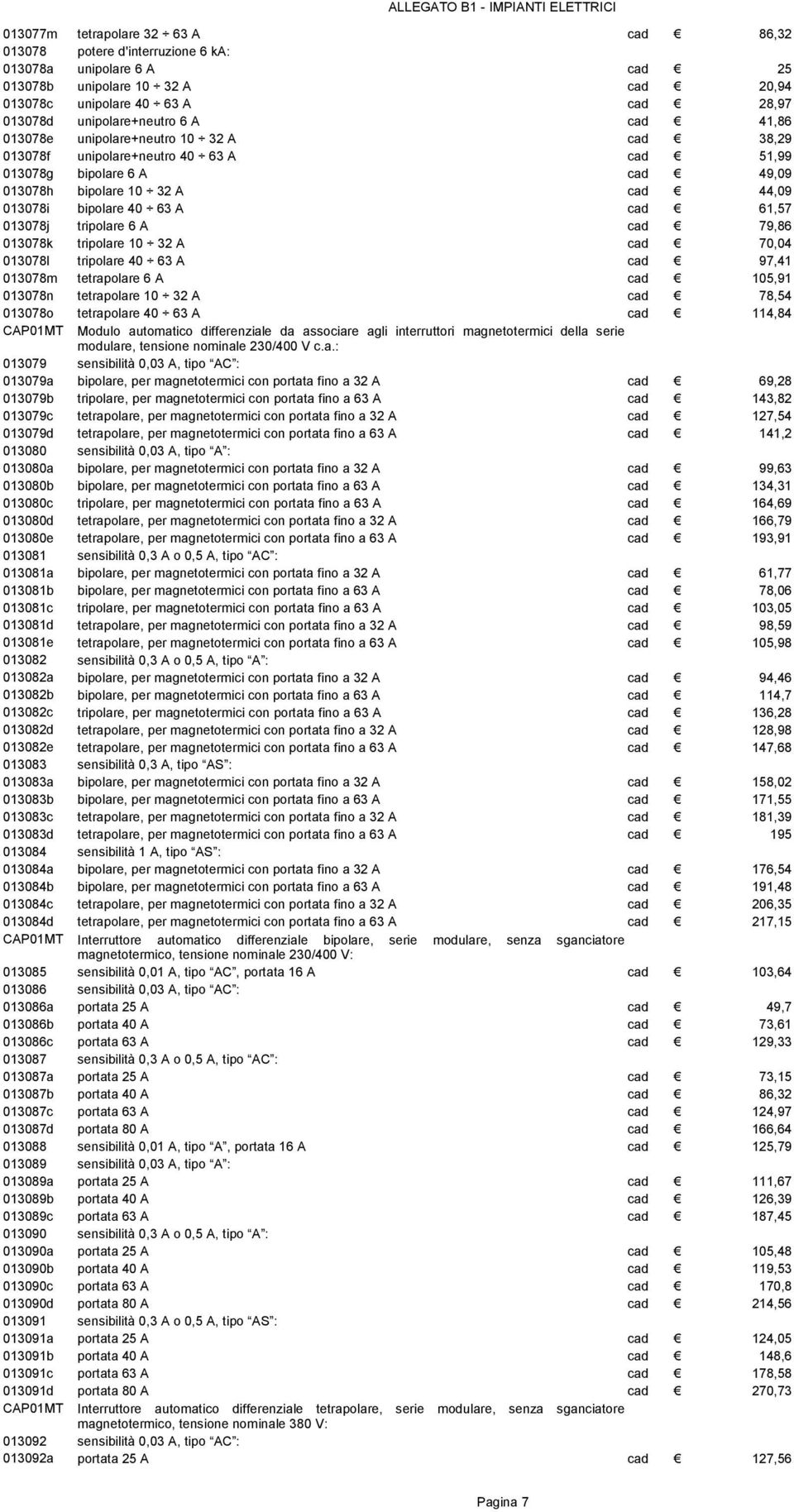 61,57 013078j tripolare 6 A cad 79,86 013078k tripolare 10 32 A cad 70,04 013078l tripolare 40 63 A cad 97,41 013078m tetrapolare 6 A cad 105,91 013078n tetrapolare 10 32 A cad 78,54 013078o