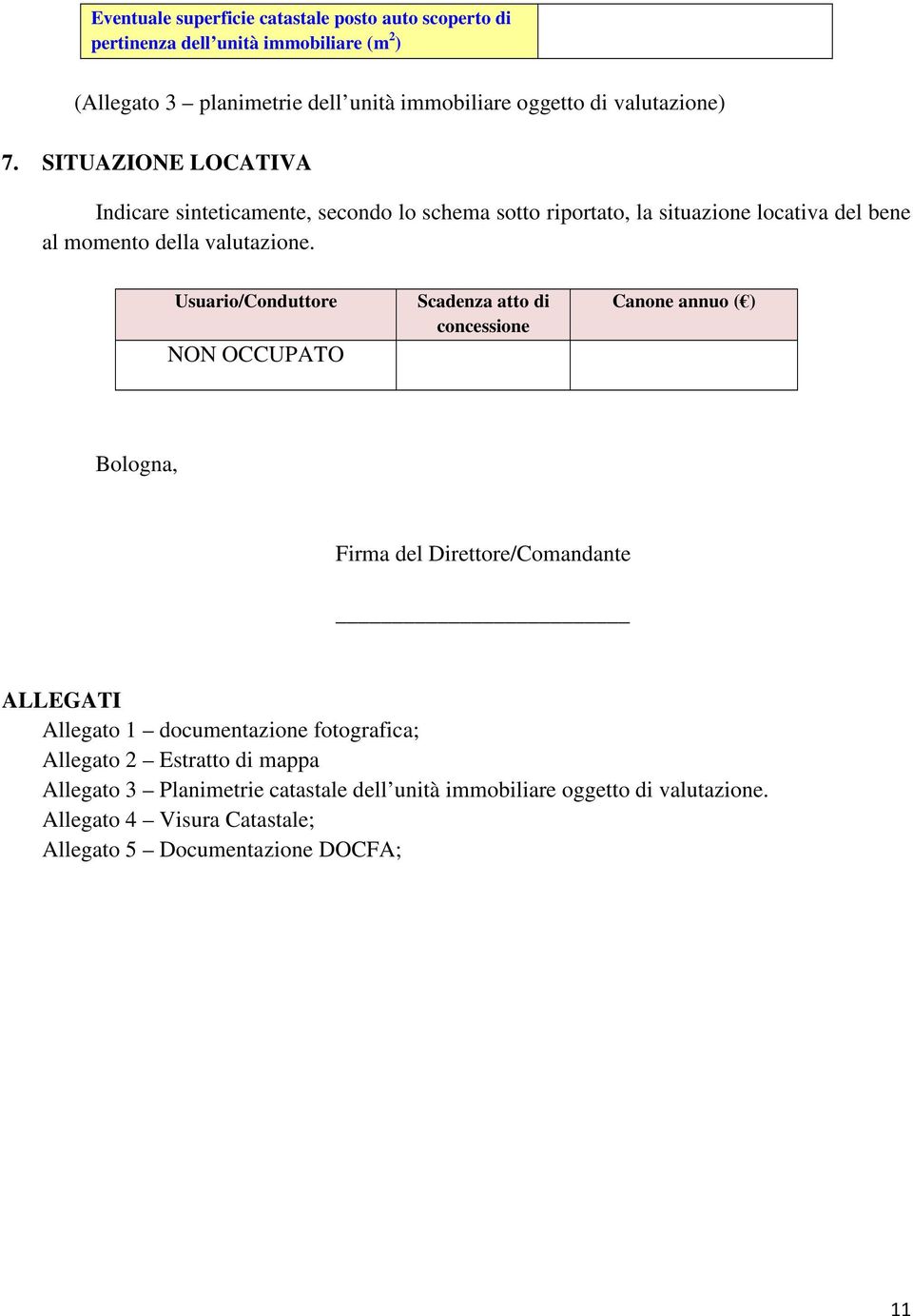 Usuario/Conduttore NON OCCUPATO Scadenza atto di concessione Canone annuo ( ) Bologna, Firma del Direttore/Comandante ALLEGATI Allegato 1 documentazione