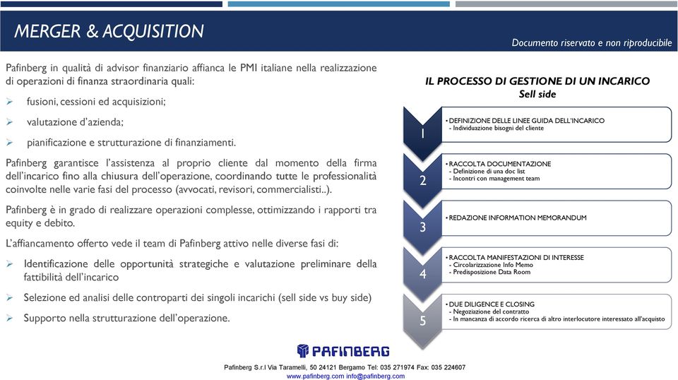 Pafinberg garantisce l assistenza al proprio cliente dal momento della firma dell incarico fino alla chiusura dell operazione, coordinando tutte le professionalità coinvolte nelle varie fasi del