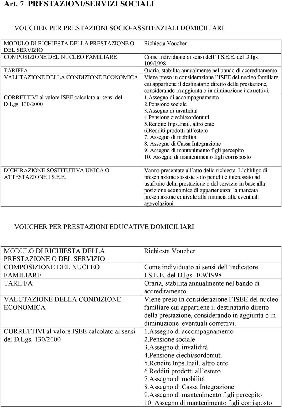 109/1998 Oraria, stabilita annualmente nel bando di accreditamento Viene preso in considerazione l ISEE del nucleo familiare cui appartiene il destinatario diretto della prestazione, considerando in