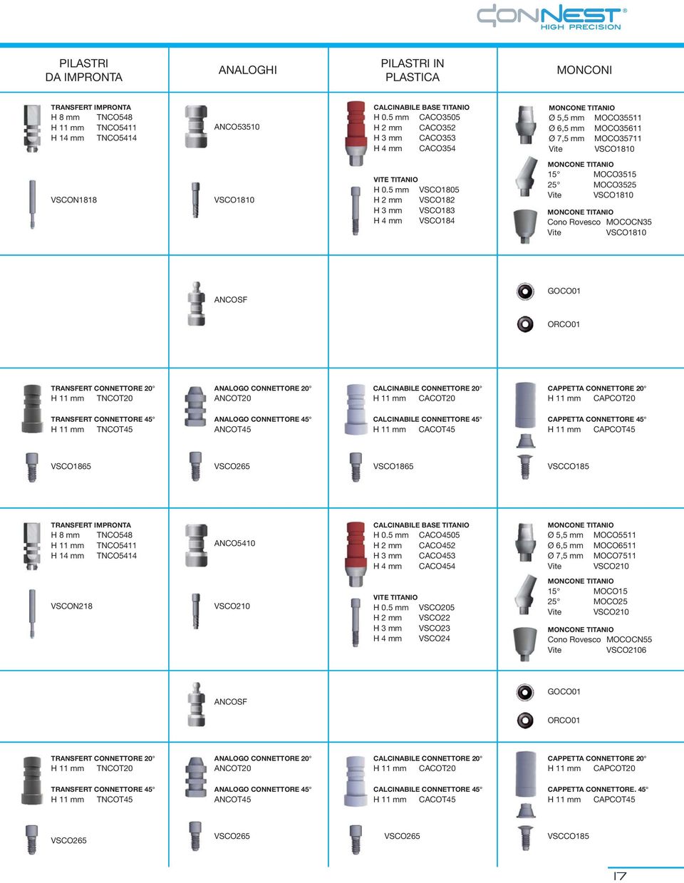 5 mm VSCO1805 H 2 mm VSCO182 H 3 mm VSCO183 H 4 mm VSCO184 MONCONE TITANIO 15 MOCO3515 25 MOCO3525 Vite VSCO1810 MONCONE TITANIO Cono Rovesco MOCOCN35 Vite VSCO1810 ANCOSF GOCO01 ORCO01 TRANSFERT