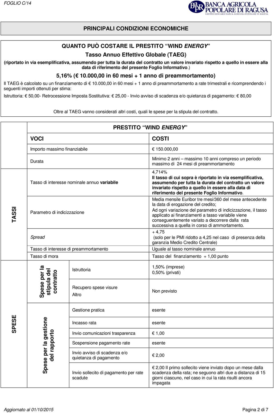 000,00 in 60 mesi + 1 anno di preammortamento) Il TAEG è calcolato su un finanziamento di 10.