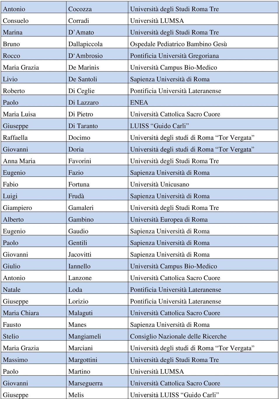 ENEA Maria Luisa Di Pietro Università Cattolica Sacro Cuore Giuseppe Di Taranto LUISS Guido Carli Raffaella Docimo Università degli studi di Roma Tor Vergata Giovanni Doria Università degli studi di