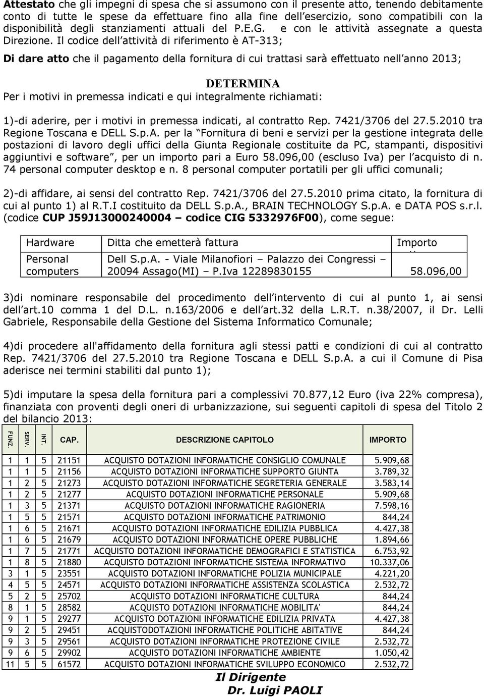 Il codice dell attività di riferimento è AT-33; Di dare atto che il pagamento della fornitura di cui trattasi sarà effettuato nell anno 203; DETERMINA Per i motivi in premessa indicati e qui