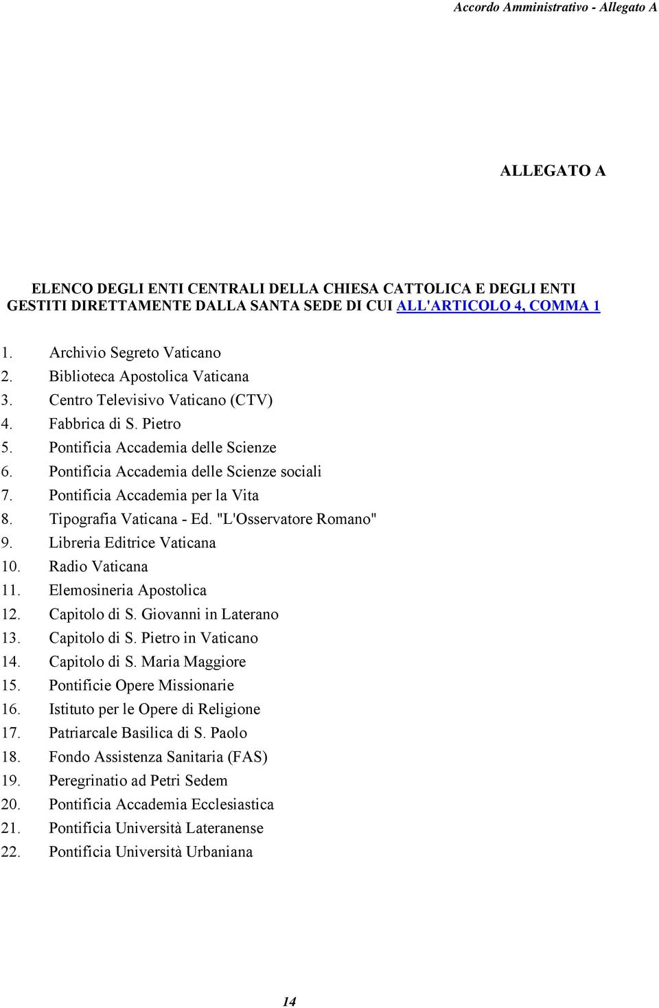 Pontificia Accademia per la Vita 8. Tipografia Vaticana - Ed. "L'Osservatore Romano" 9. Libreria Editrice Vaticana 10. Radio Vaticana 11. Elemosineria Apostolica 12. Capitolo di S.