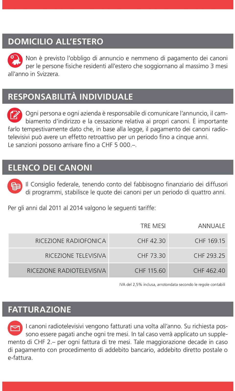 È importante farlo tempestivamente dato che, in base alla legge, il pagamento dei canoni radiotelevisivi può avere un effetto retroattivo per un periodo fino a cinque anni.