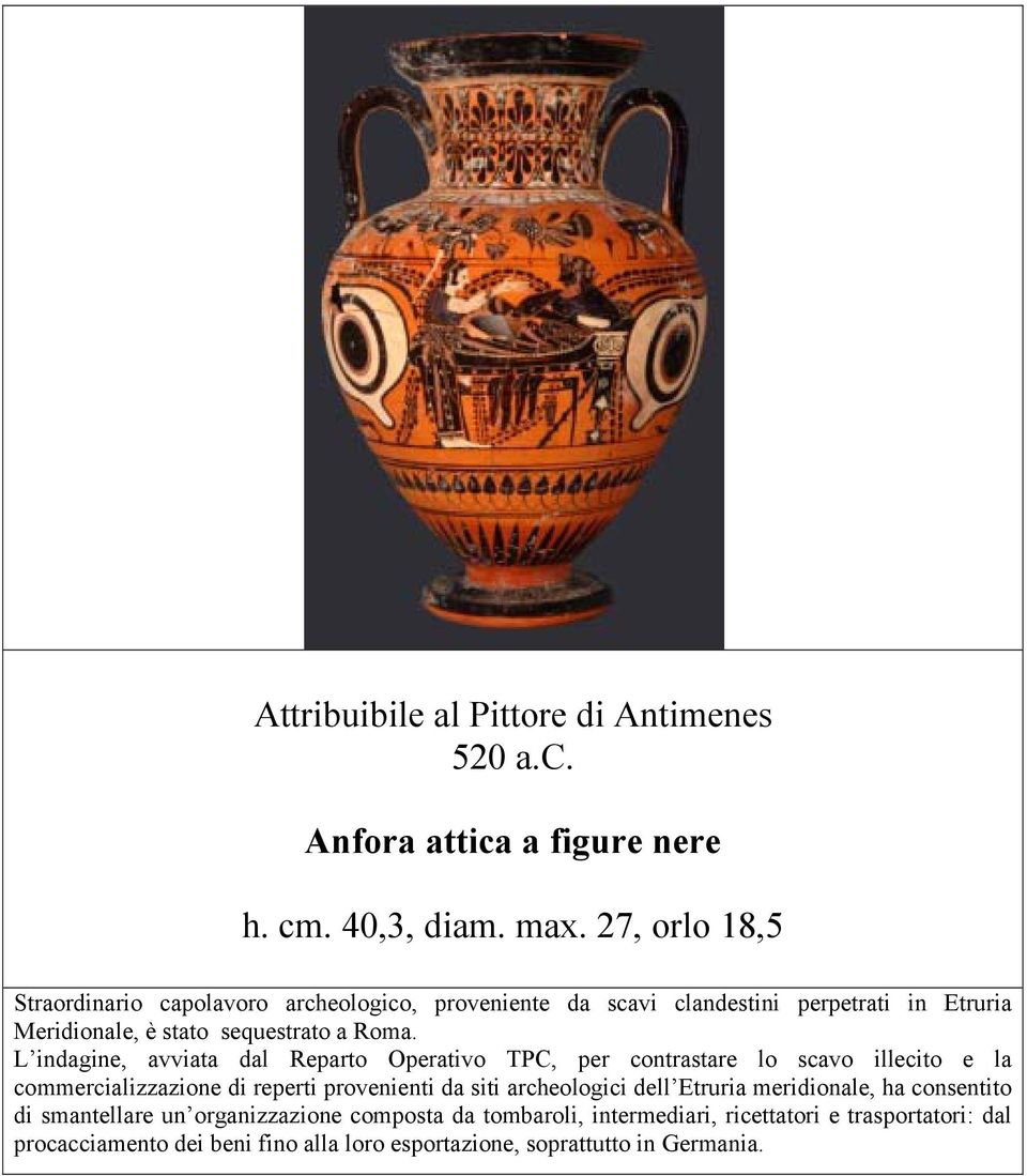 L indagine, avviata dal Reparto Operativo TPC, per contrastare lo scavo illecito e la commercializzazione di reperti provenienti da siti archeologici dell