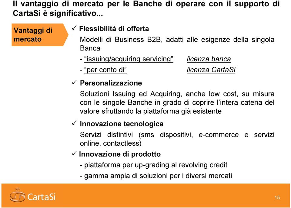 CartaSi Personalizzazione Soluzioni Issuing ed Acquiring, anche low cost, su misura con le singole Banche in grado di coprire l intera catena del valore sfruttando la piattaforma