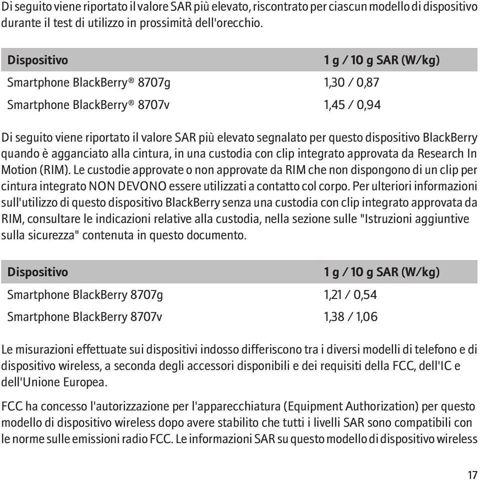 BlackBerry quando è agganciato alla cintura, in una custodia con clip integrato approvata da Research In Motion (RIM).