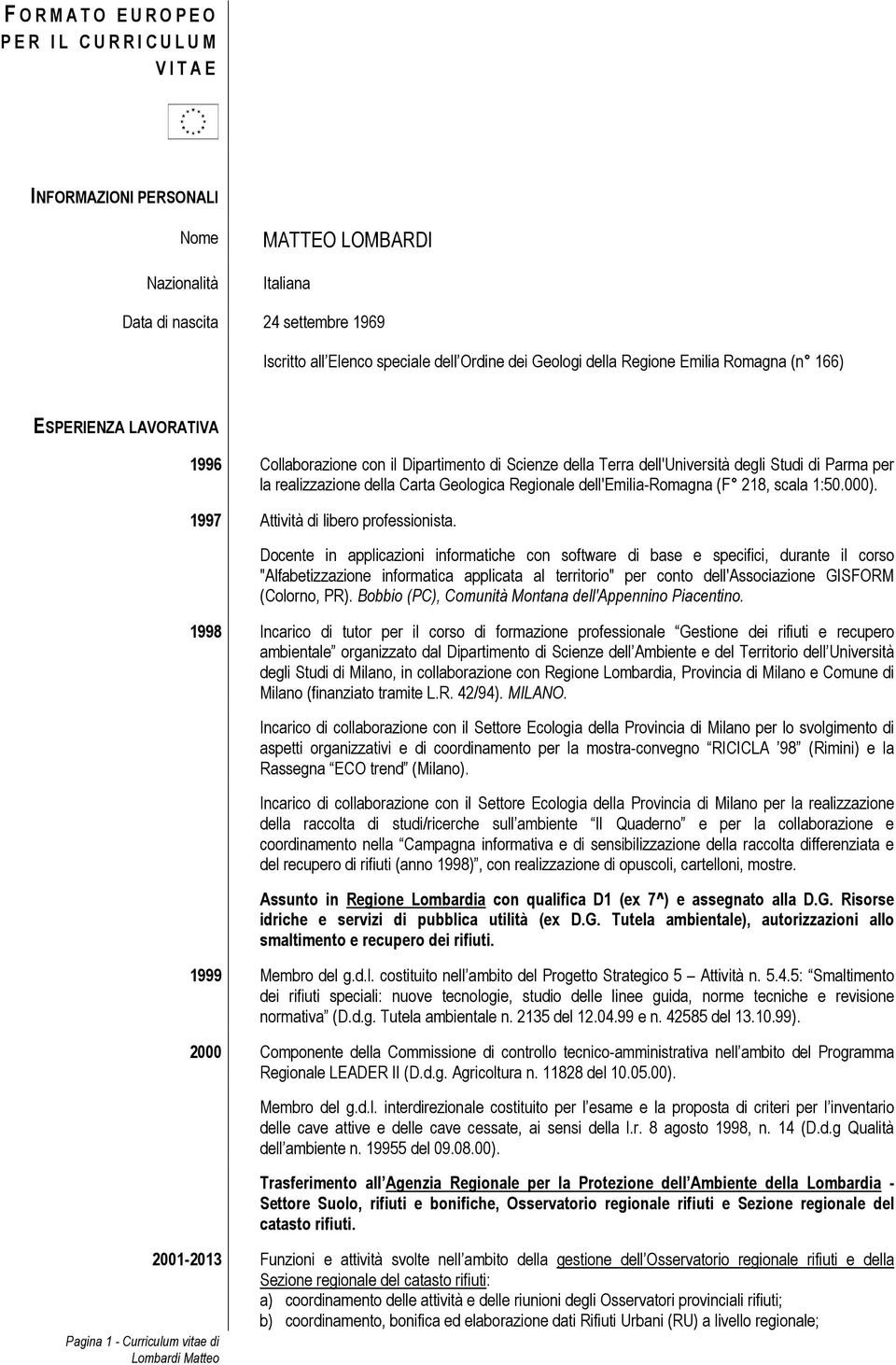 realizzazione della Carta Geologica Regionale dell'emilia-romagna (F 218, scala 1:50.000). 1997 Attività di libero professionista.