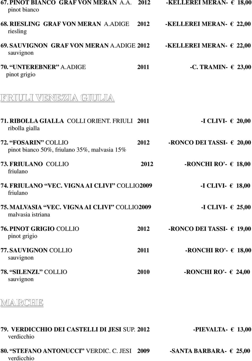 FOSARIN COLLIO 2012 -RONCO DEI TASSI- 20,00 pinot bianco 50%, friulano 35%, malvasia 15% 73. FRIULANO COLLIO 2012 -RONCHI RO'- 18,00 friulano 74. FRIULANO VEC.