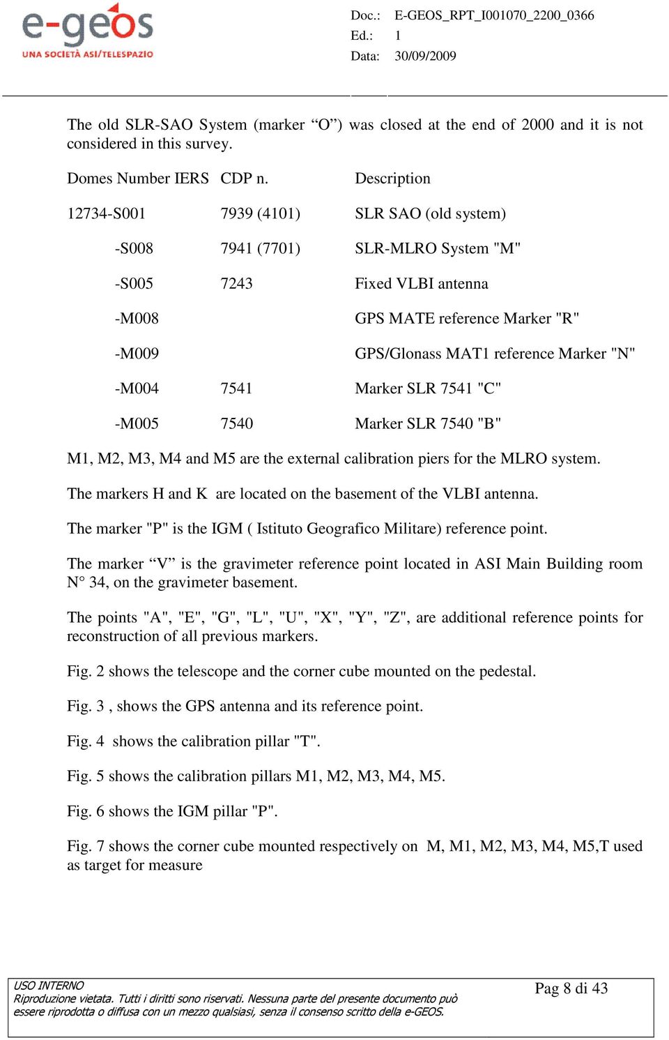 "N" -M004 7541 Marker SLR 7541 "C" -M005 7540 Marker SLR 7540 "B" M1, M2, M3, M4 and M5 are the external calibration piers for the MLRO system.
