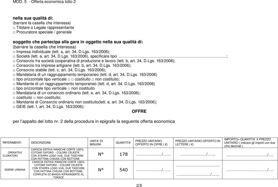 b, art. 34, D.Lgs. 163/2006); Consorzio tra imprese artigiane (lett. b, art. 34, D.Lgs. 163/2006); Consorzio stabile (lett. c, art. 34, D.Lgs. 163/2006); Mandataria di un raggruppamento temporaneo (lett.