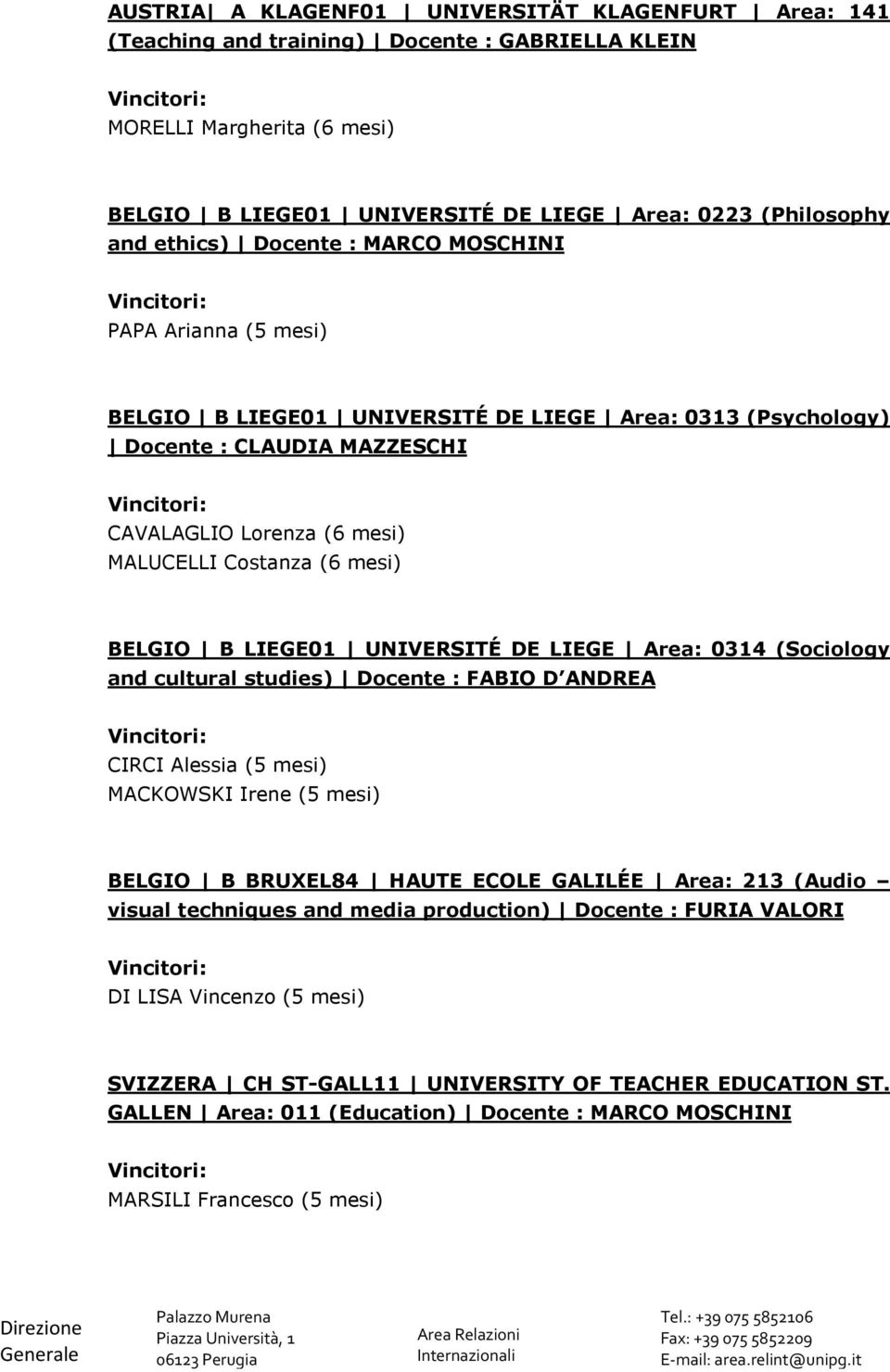 BELGIO B LIEGE01 UNIVERSITÉ DE LIEGE Area: 0314 (Sociology and cultural studies) Docente : FABIO D ANDREA CIRCI Alessia (5 mesi) MACKOWSKI Irene (5 mesi) BELGIO B BRUXEL84 HAUTE ECOLE GALILÉE Area: