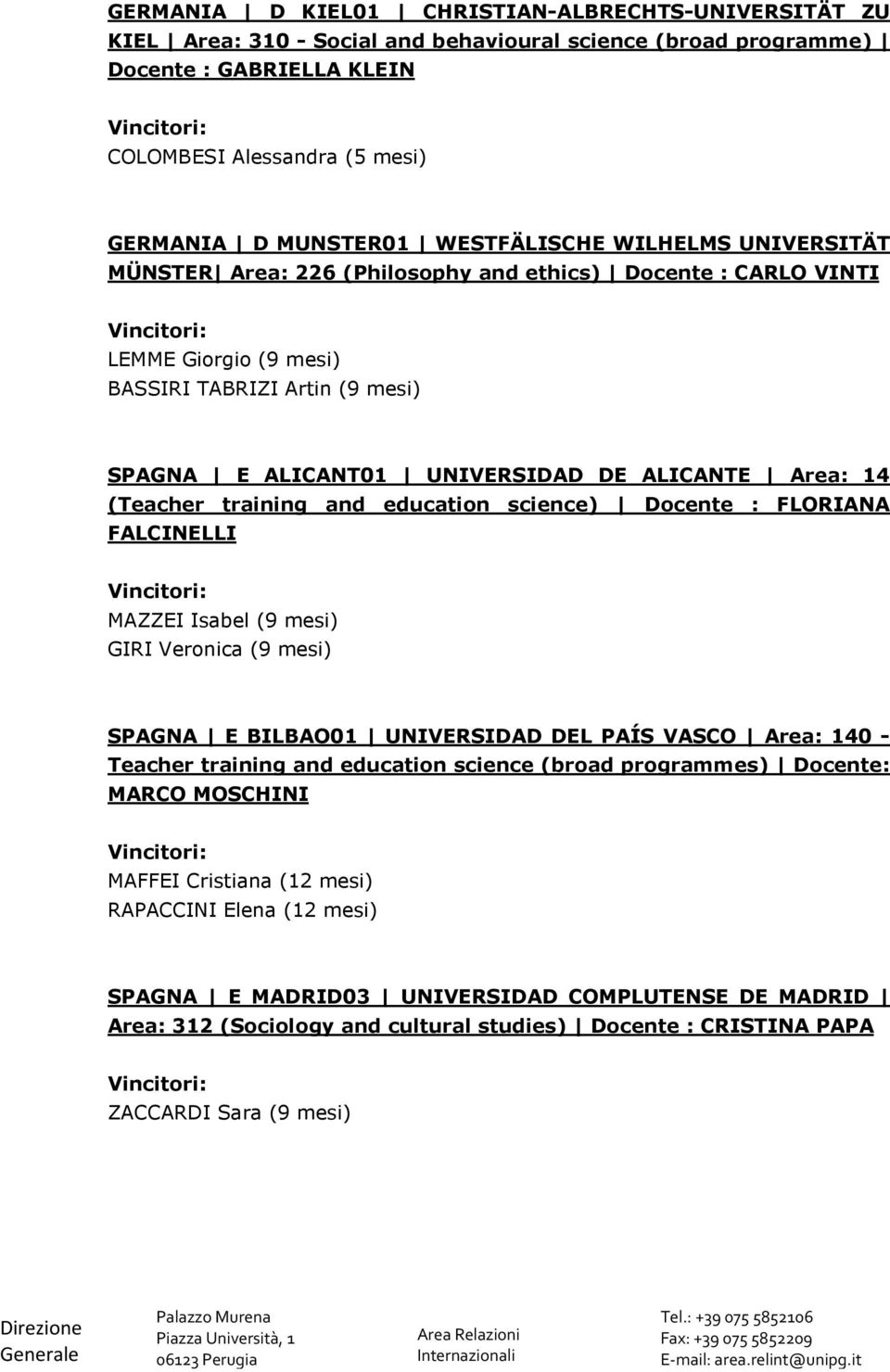 Area: 14 (Teacher training and education science) Docente : FLORIANA FALCINELLI MAZZEI Isabel (9 mesi) GIRI Veronica (9 mesi) SPAGNA E BILBAO01 UNIVERSIDAD DEL PAÍS VASCO Area: 140 - Teacher training