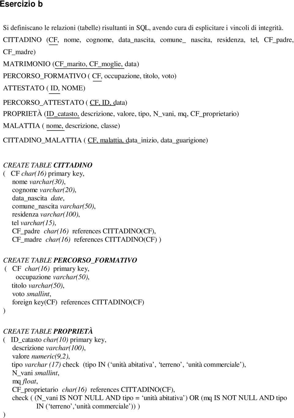 ( ID, NOME) PERCORSO_ATTESTATO ( CF, ID, data) PROPRIETÀ (ID_catasto, descrizione, valore, tipo, N_vani, mq, CF_proprietario) MALATTIA ( nome, descrizione, classe) CITTADINO_MALATTIA ( CF, malattia,