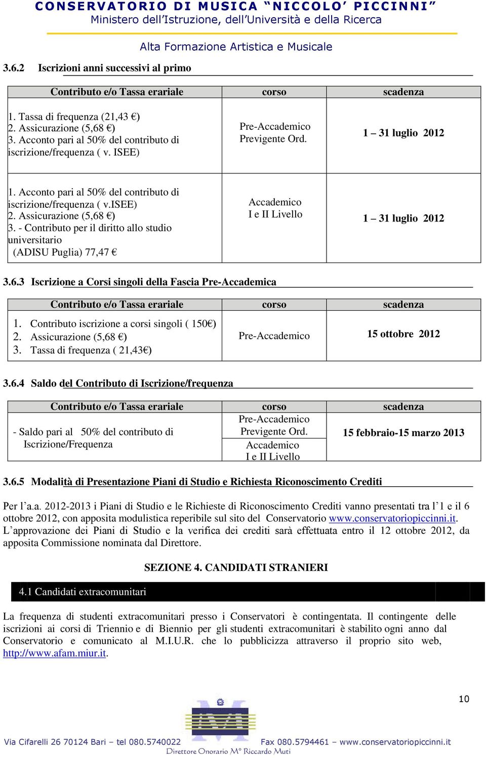 Assicurazione (5,68 ) 3. - Contributo per il diritto allo studio universitario (ADISU Puglia) 77,47 Accademico I e II Livello 1 31 luglio 2012 3.6.3 Iscrizione a Corsi singoli della Fascia Pre-Accademica Contributo e/o Tassa erariale corso scadenza 1.