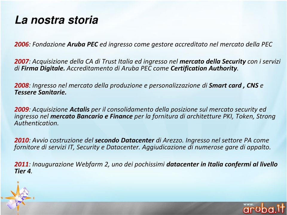 2009: Acquisizione Actalisper il consolidamento della posizione sul mercato security ed ingresso nel mercato Bancario e Finance per la fornitura di architetture PKI, Token, Strong Authentication.