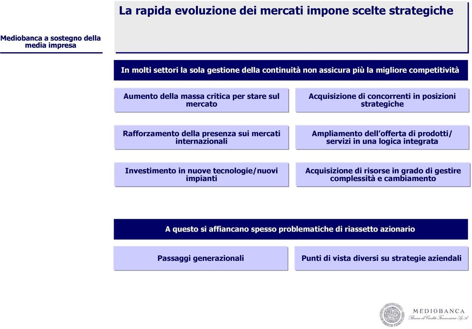 Ampliamento dell offerta di prodotti/ servizi in una logica integrata Investimento in nuove tecnologie/nuovi impianti Acquisizione di risorse in grado di