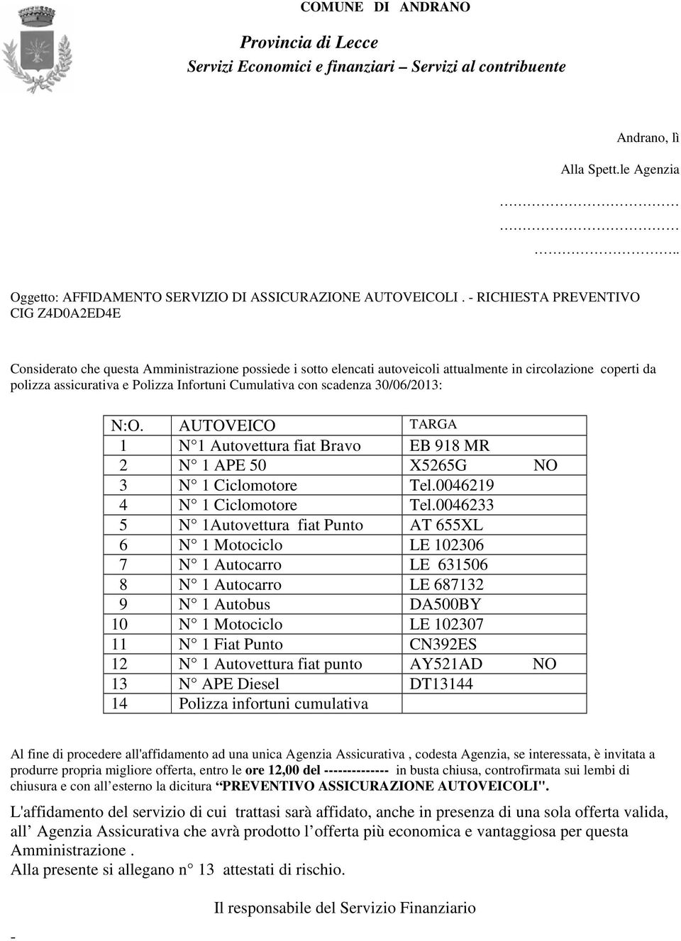 Cumulativa con scadenza 30/06/2013: N:O. AUTOVEICO TARGA 1 N 1 Autovettura fiat Bravo EB 918 MR 2 N 1 APE 50 X5265G NO 3 N 1 Ciclomotore Tel.0046219 4 N 1 Ciclomotore Tel.