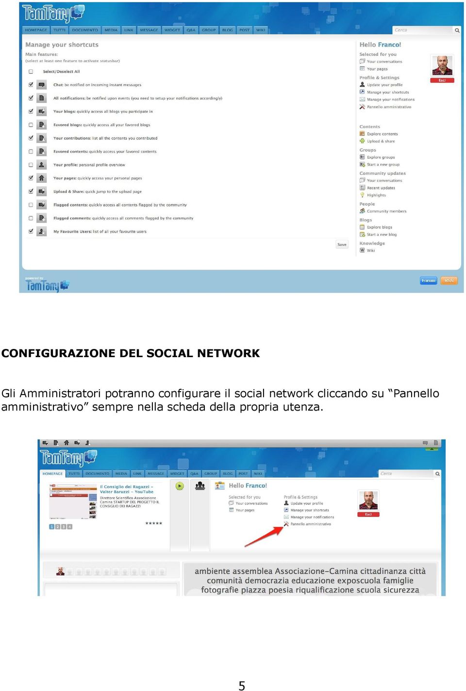 social network cliccando su Pannello