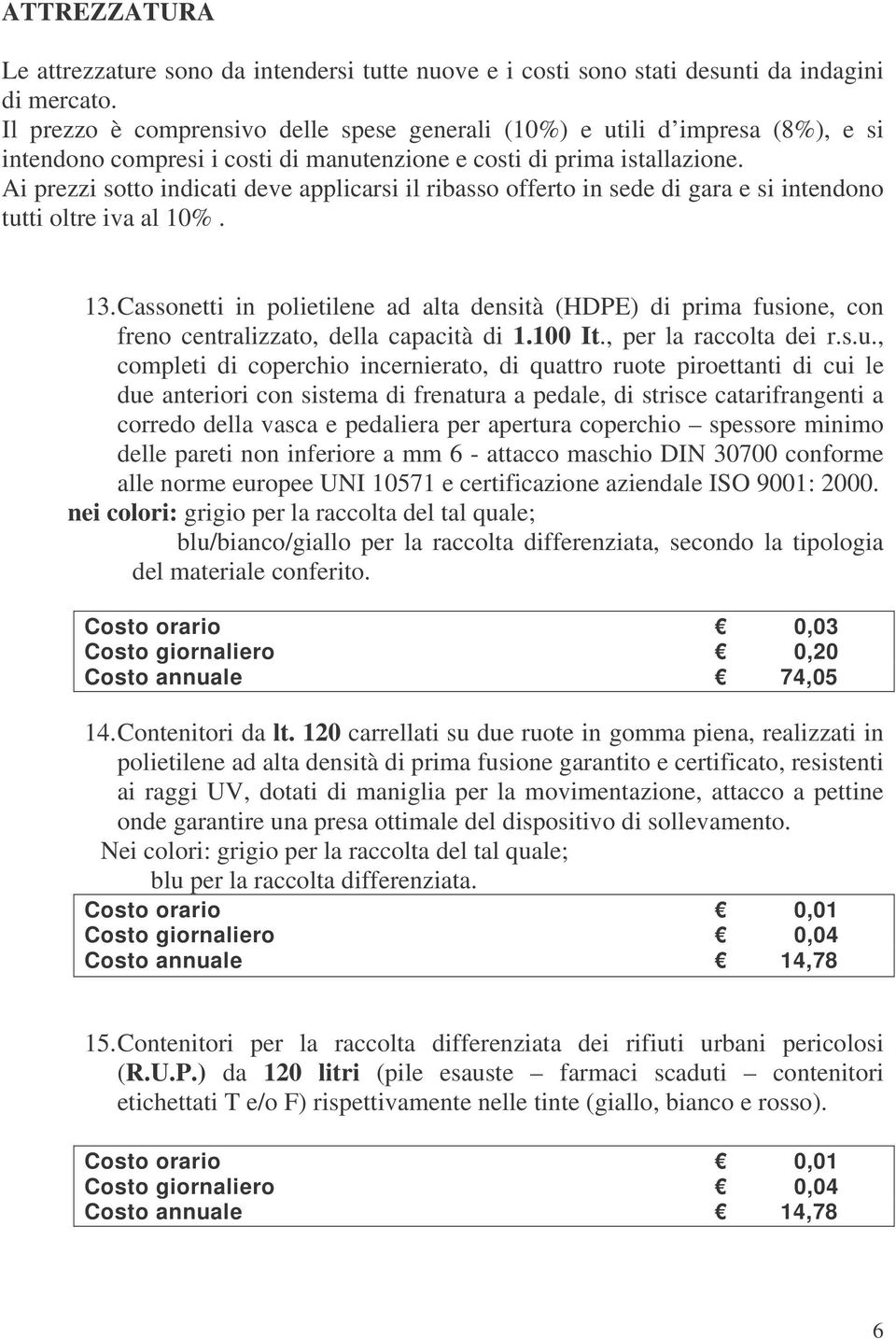 Ai prezzi sotto indicati deve applicarsi il ribasso offerto in sede di gara e si intendono tutti oltre iva al 10%. 13.