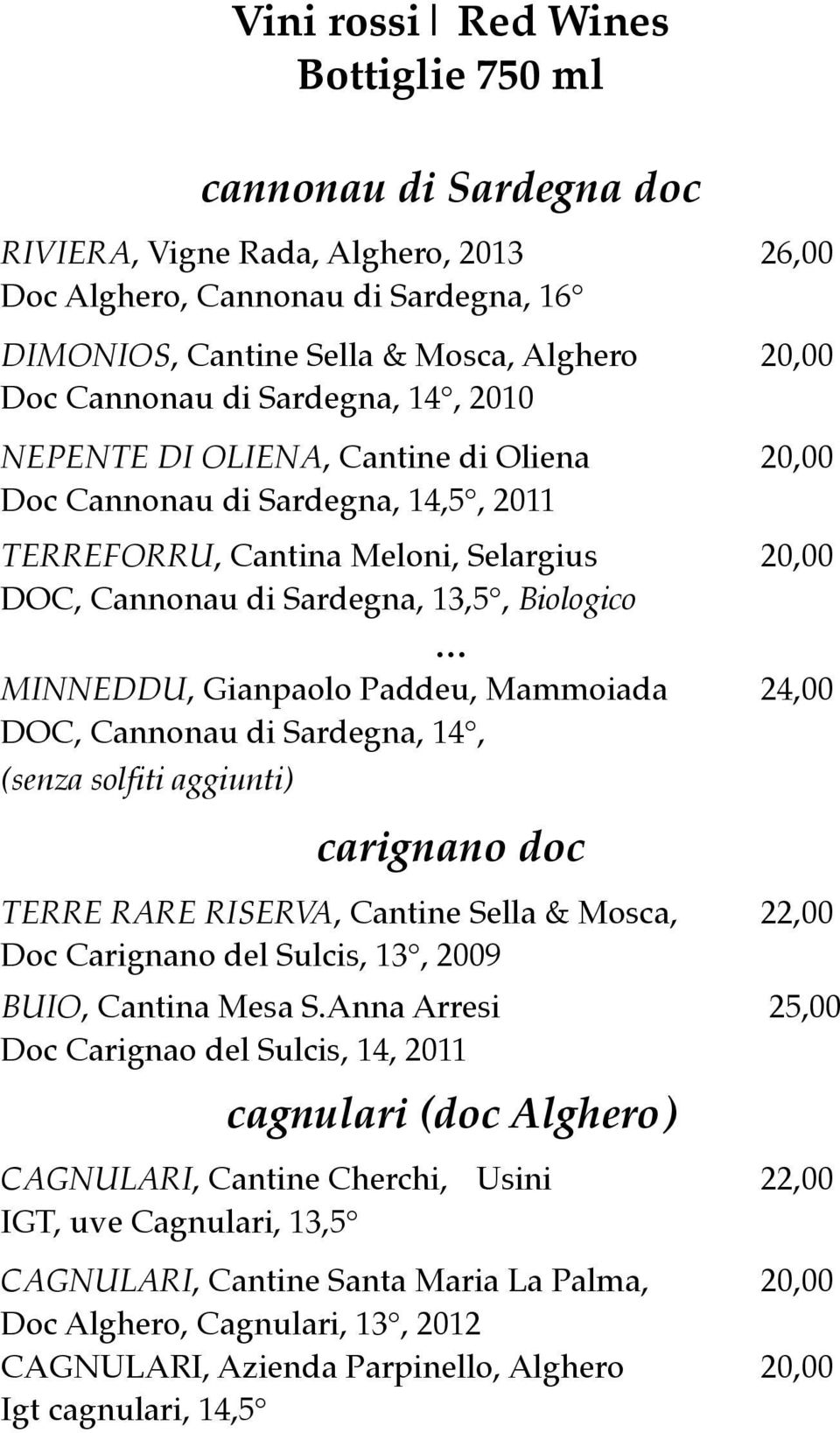 MINNEDDU, Gianpaolo Paddeu, Mammoiada 24,00 DOC, Cannonau di Sardegna, 14, (senza solfiti aggiunti) carignano doc TERRE RARE RISERVA, Cantine Sella & Mosca, 22,00 Doc Carignano del Sulcis, 13, 2009