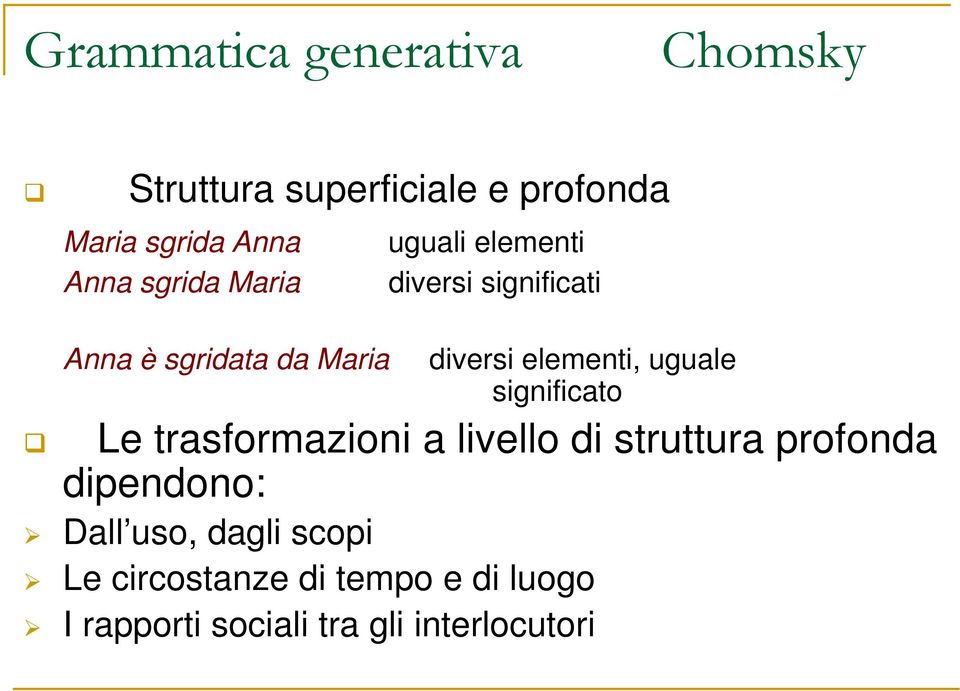 elementi, uguale significato Le trasformazioni a livello di struttura profonda