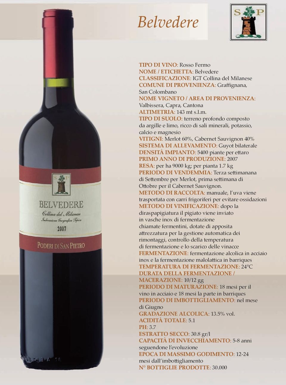 TIPO DI SUOLO: terreno profondo composto da argille e limo, ricco di sali minerali, potassio, calcio e magnesio VITIGNI: Merlot 60%, Cabernet Sauvignon 40% SISTEMA DI ALLEVAMENTO: Guyot bilaterale