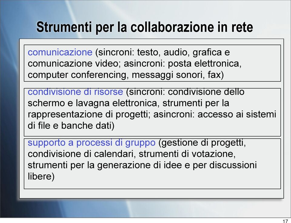 elettronica, strumenti per la rappresentazione di progetti; asincroni: accesso ai sistemi di file e banche dati) supporto a processi