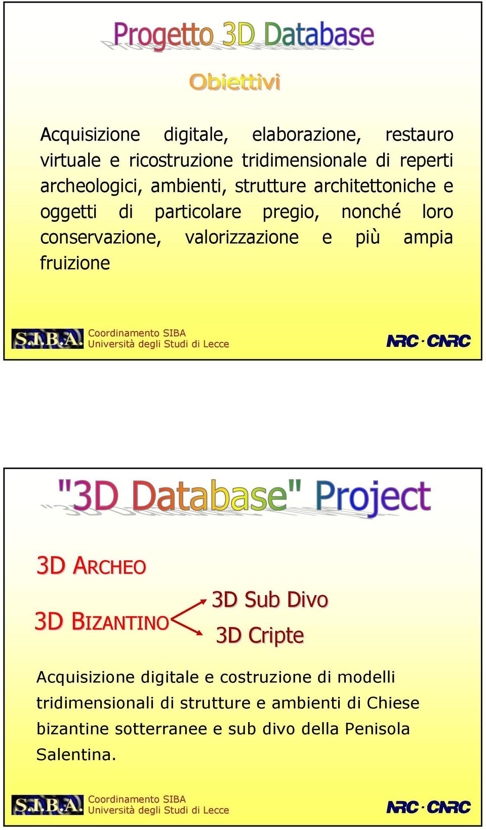 e più ampia fruizione 3D ARCHEOA 3D BIZANTINOB 3D Sub Divo 3D Cripte Acquisizione digitale e costruzione di