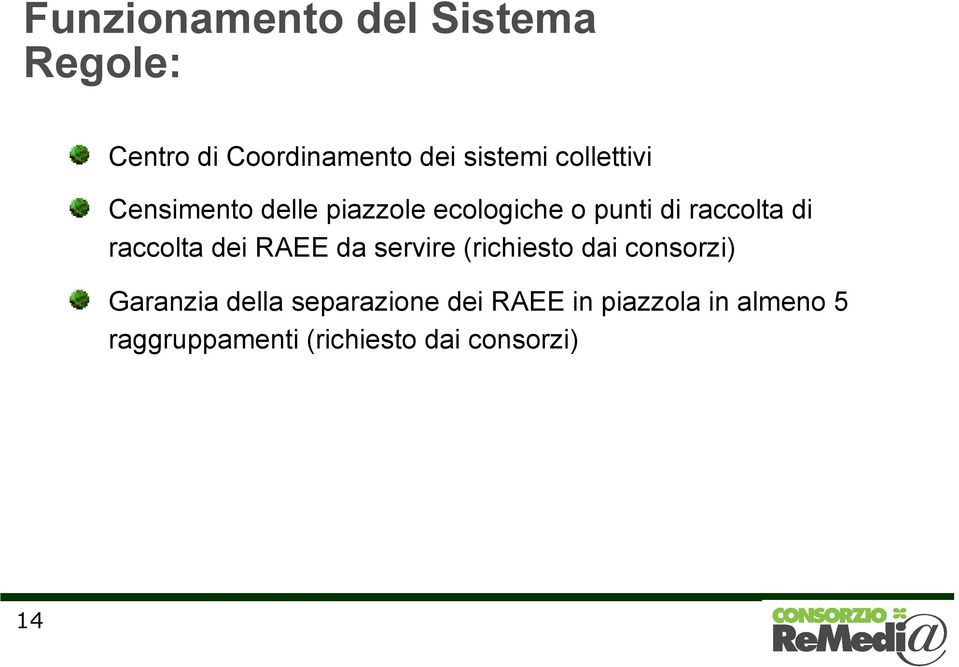 raccolta dei RAEE da servire (richiesto dai consorzi) Garanzia della