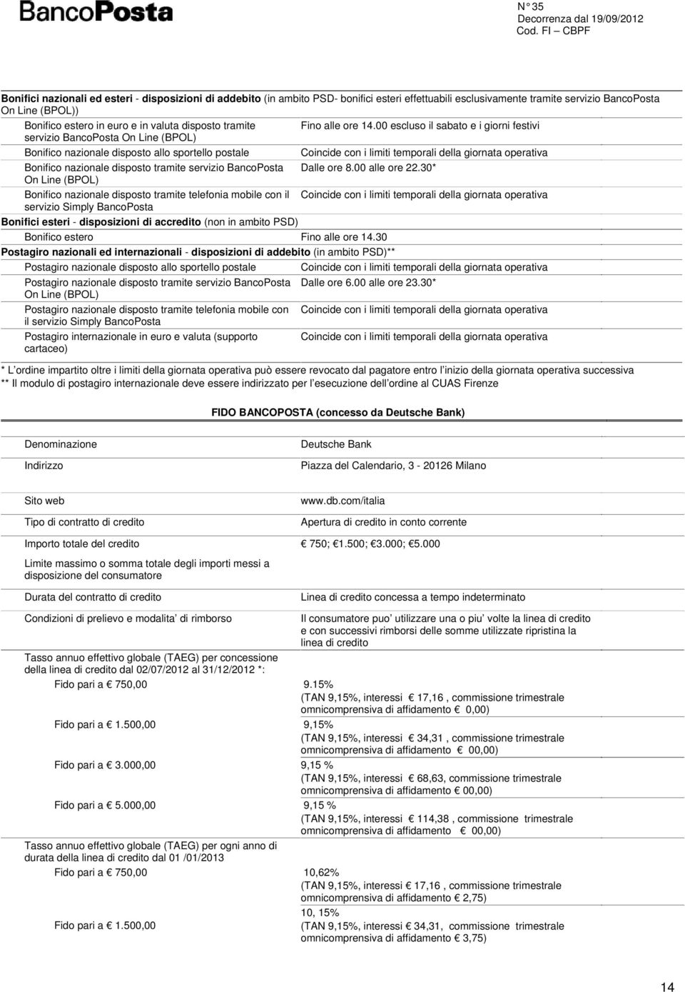 00 escluso il sabato e i giorni festivi servizio BancoPosta On Line (BPOL) Bonifico nazionale disposto allo sportello postale Coincide con i limiti temporali della giornata operativa Bonifico