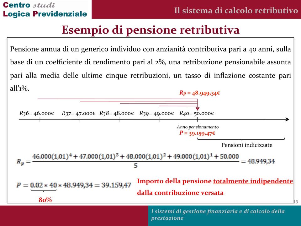 delle ultime cinque retribuzioni, un tasso di inflazione costante pari all 1%. Rp = 48.949,34 R36= 46.000 R37= 47.000 R38= 48.000 R39= 49.