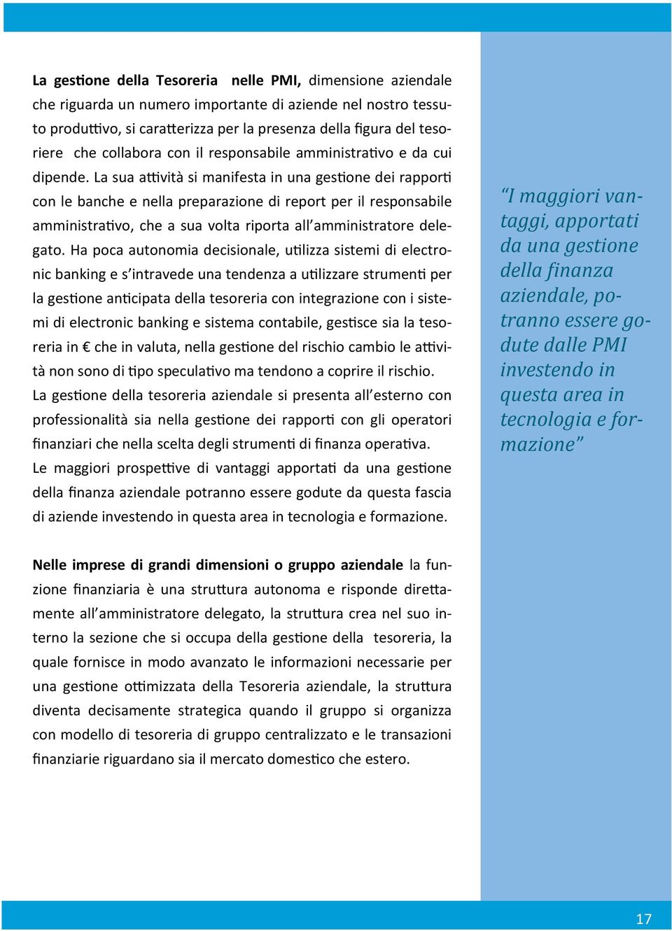 La sua attività si manifesta in una gestione dei rapporti con le banche e nella preparazione di report per il responsabile amministrativo, che a sua volta riporta all amministratore delegato.