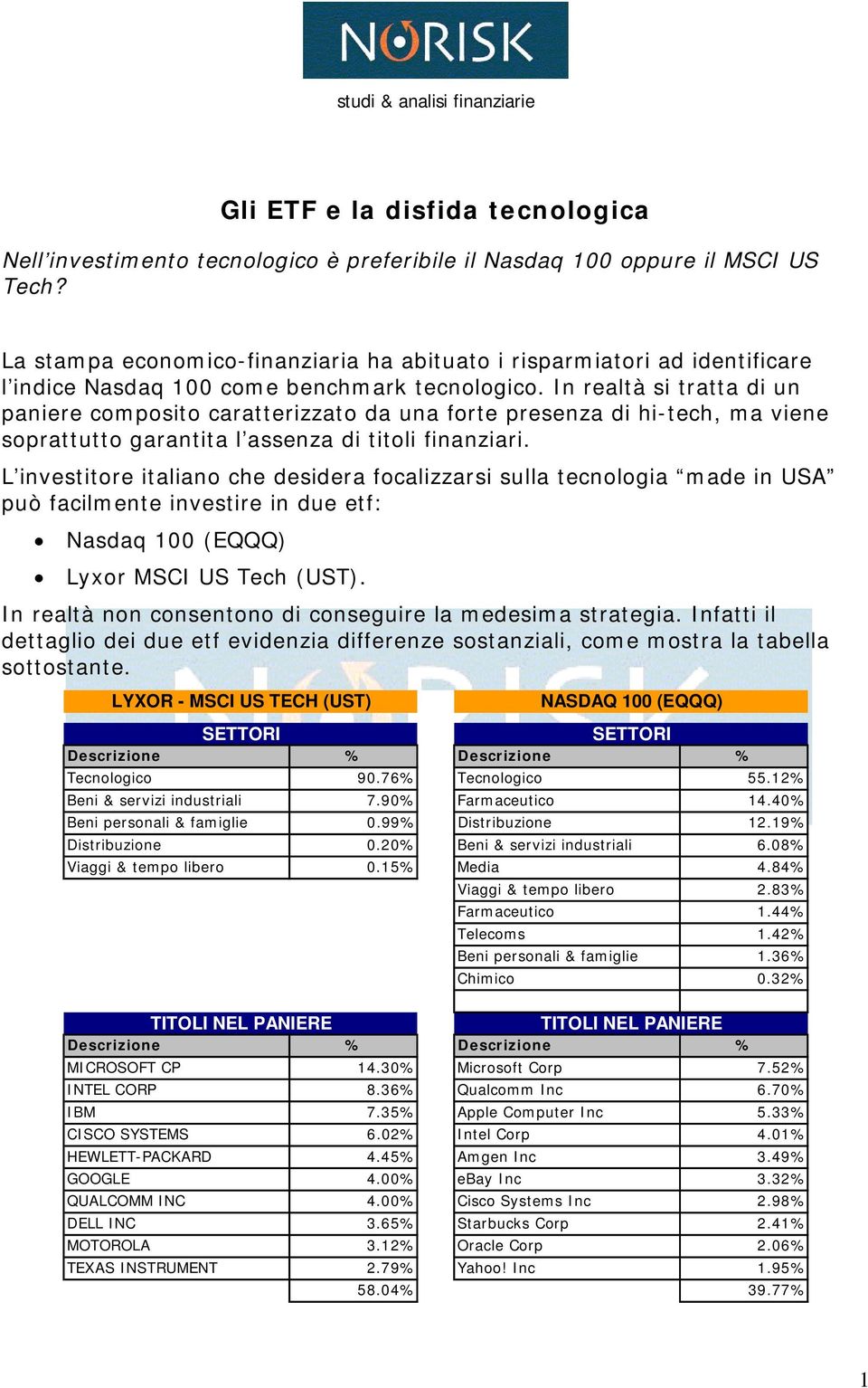 In realtà si tratta di un paniere composito caratterizzato da una forte presenza di hi-tech, ma viene soprattutto garantita l assenza di titoli finanziari.