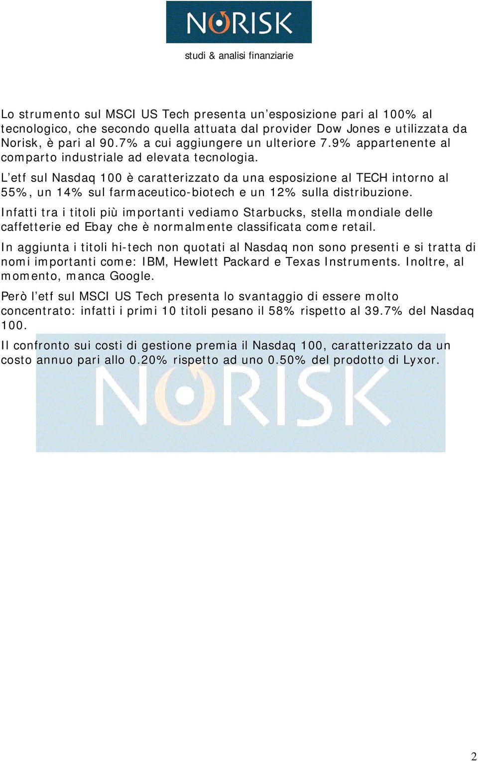 L etf sul Nasdaq 100 è caratterizzato da una esposizione al TECH intorno al 55%, un 14% sul farmaceutico-biotech e un 12% sulla distribuzione.