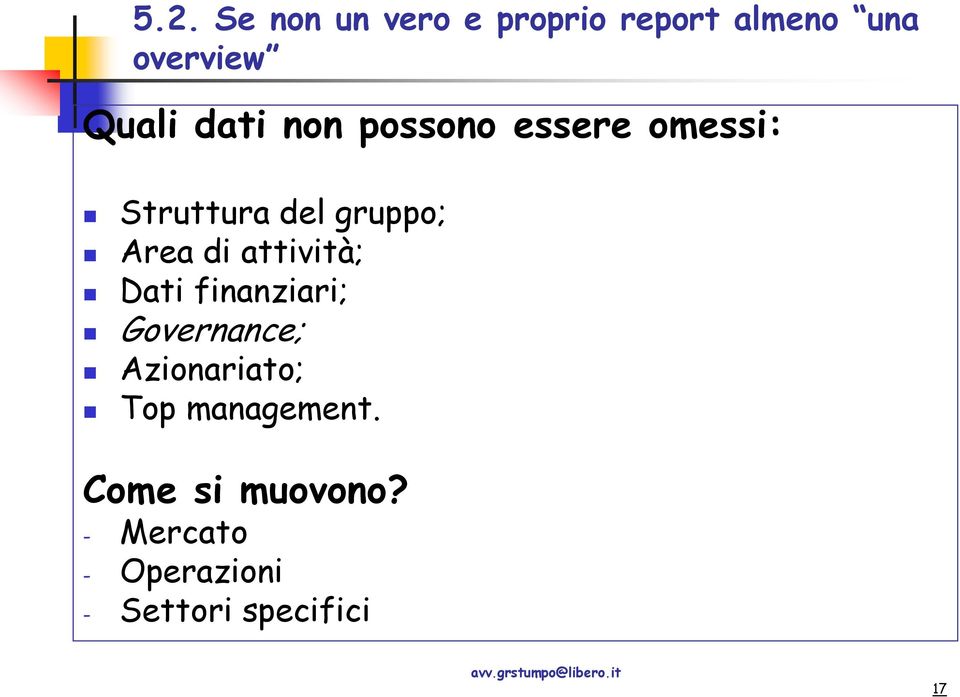 attività; Dati finanziari; Governance; Azionariato; Top