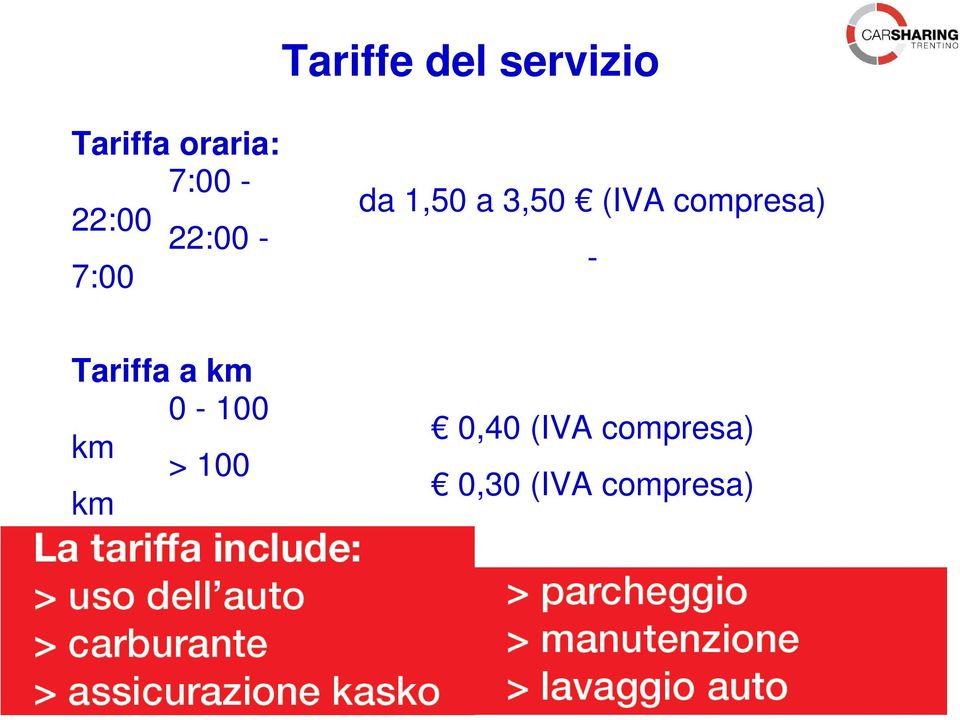 (IVA compresa) - Tariffa a km 0-100 km >