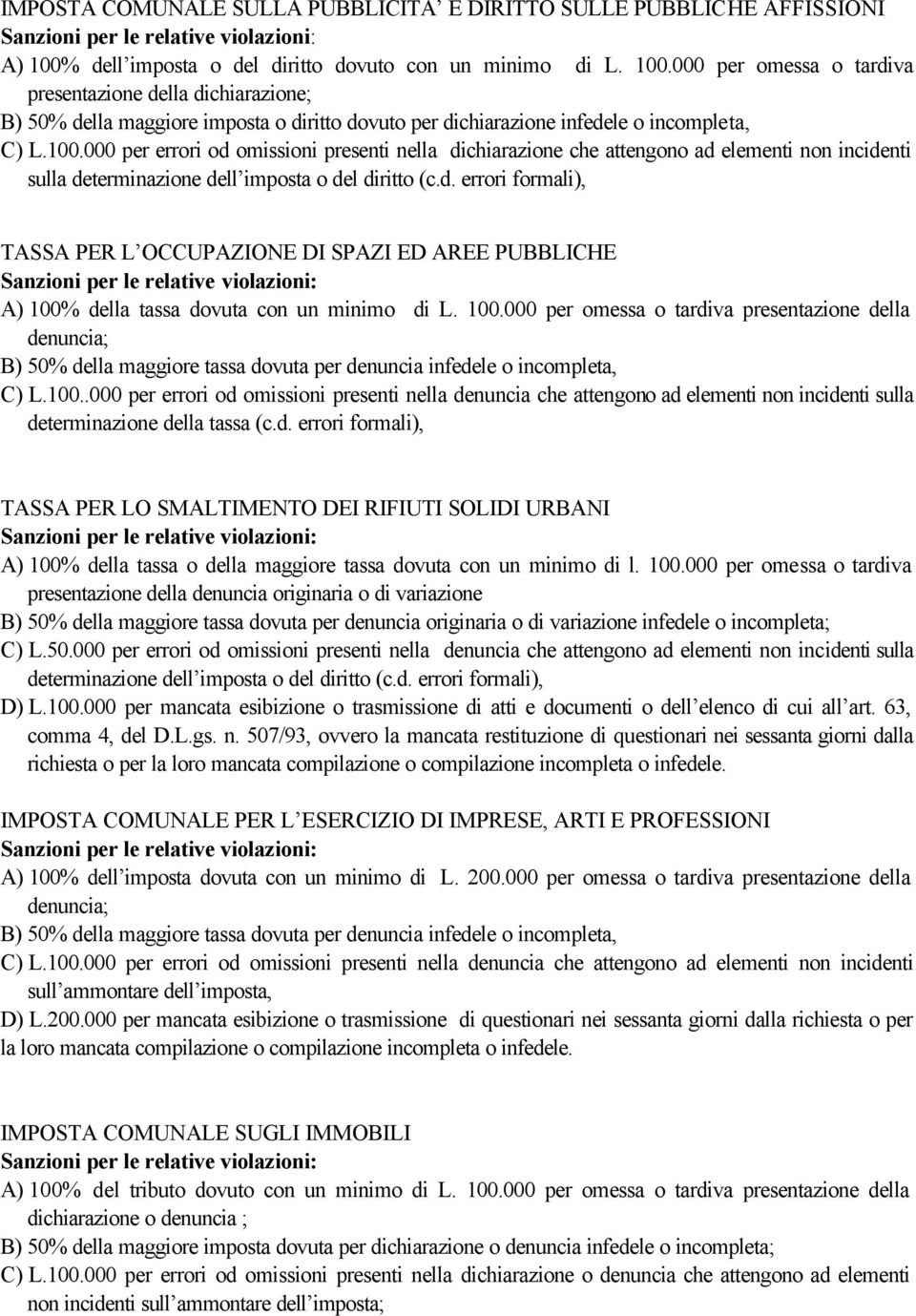 000 per omessa o tardiva presentazione della dichiarazione; B) 50% della maggiore imposta o diritto dovuto per dichiarazione infedele o incompleta, C) L.100.