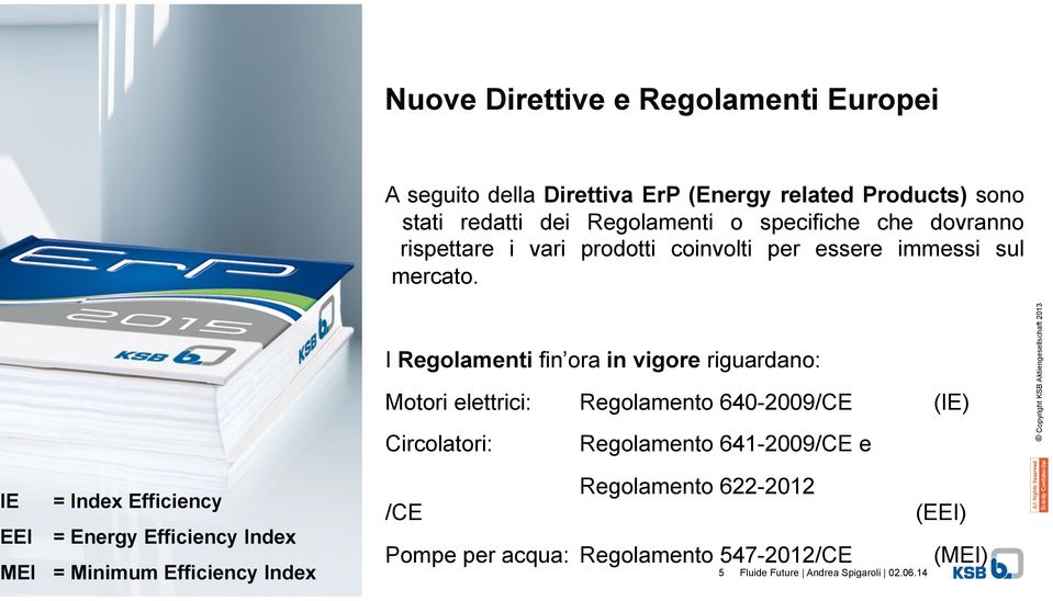 Regolamento 622-2012 /CE (EEI) Pompe per acqua: Regolamento 547-2012/CE 5 (MEI) A seguito della Direttiva ErP (Energy related
