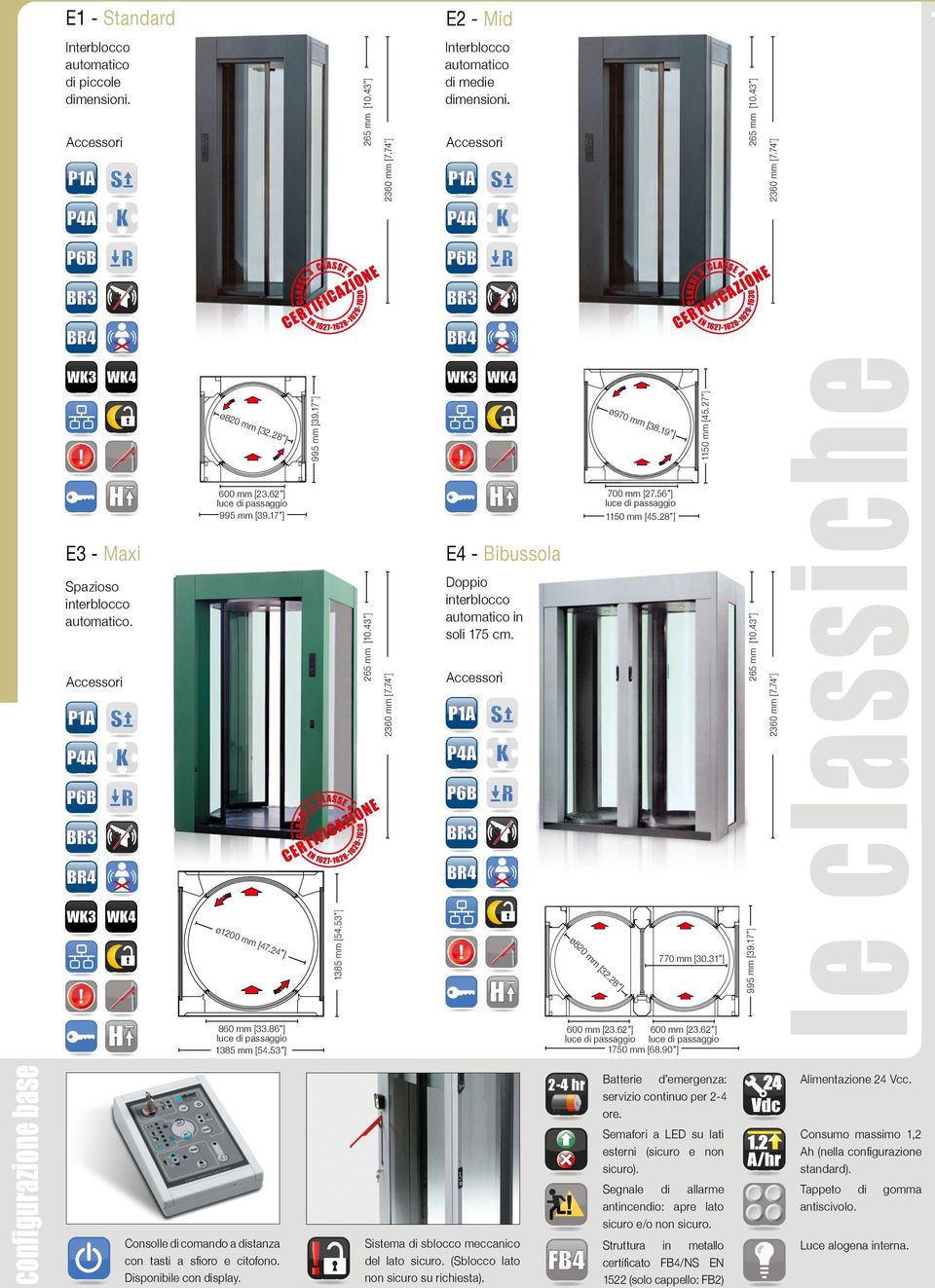 90 ] configurazione base Consolle di comando a distanza con tasti a sfioro e citofono. Disponibile con display. istema di sblocco meccanico del lato sicuro. (blocco lato non sicuro su richiesta).