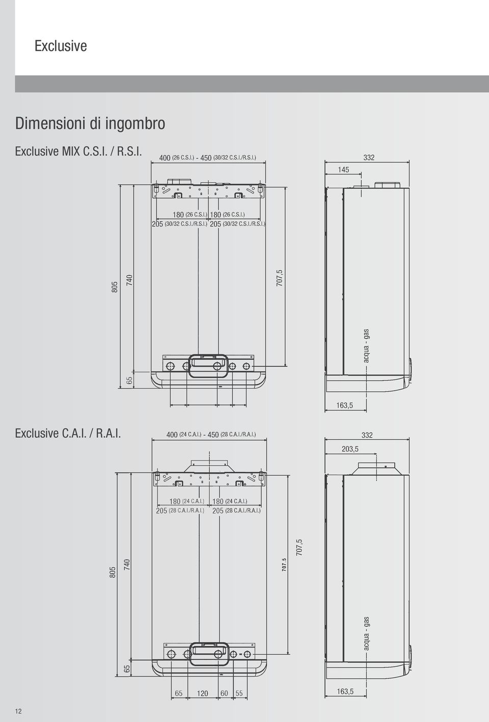 A.I.) 450 (28 C.A.I./R.A.I.) (24 C.A.I.) (28 C.A.I./R.A.I.) 163,5 332 203,5 65 805 707,5 acqua gas acqua gas 740 707,5 Exclusive C.