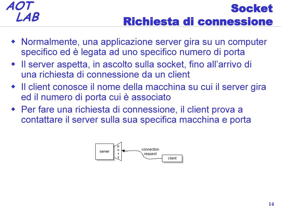 connessione da un client Il client conosce il nome della macchina su cui il server gira ed il numero di porta cui